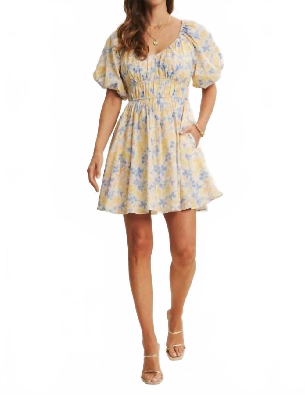 NEW IN FEBRUARY spring airy watercolor mini dress in blue/yellow